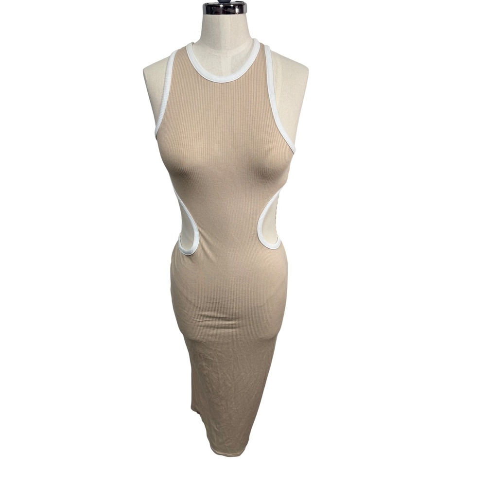 Goodnight Macaroon Maxi Dress Ribbed Cut Out Womens Size M Tan Preppy Sporty New